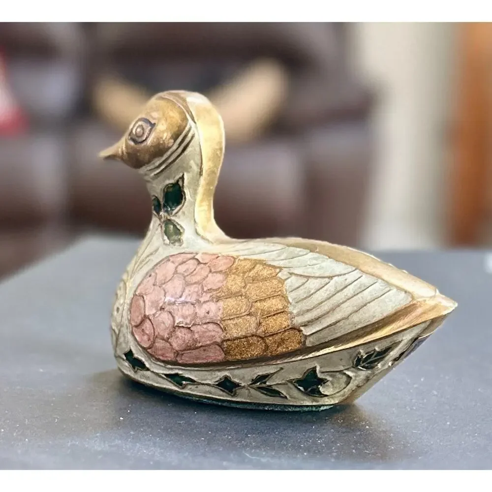 Vintage Mid Century Brass & Cloisonné Enamel Artistic Duck Figurine Ornate India